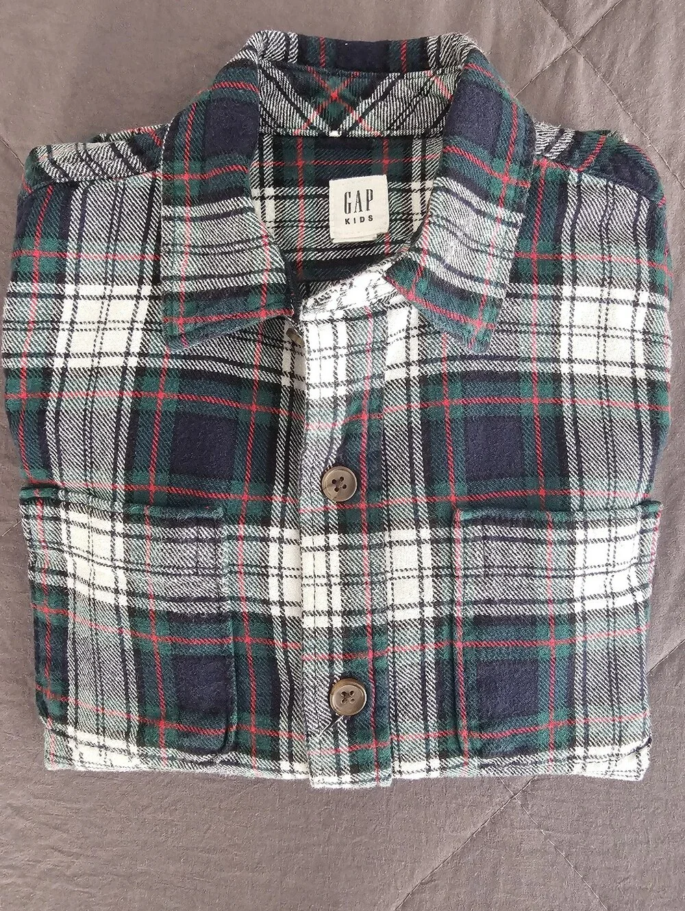 GAP Plaid Button-Down Shirt — Green, Navy & White with Red Accents, S Boys